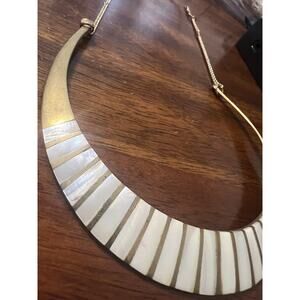 Vtg Brass Necklace Choker Mother of Pearl Inlay Collar Sleek Elegant Egyptian